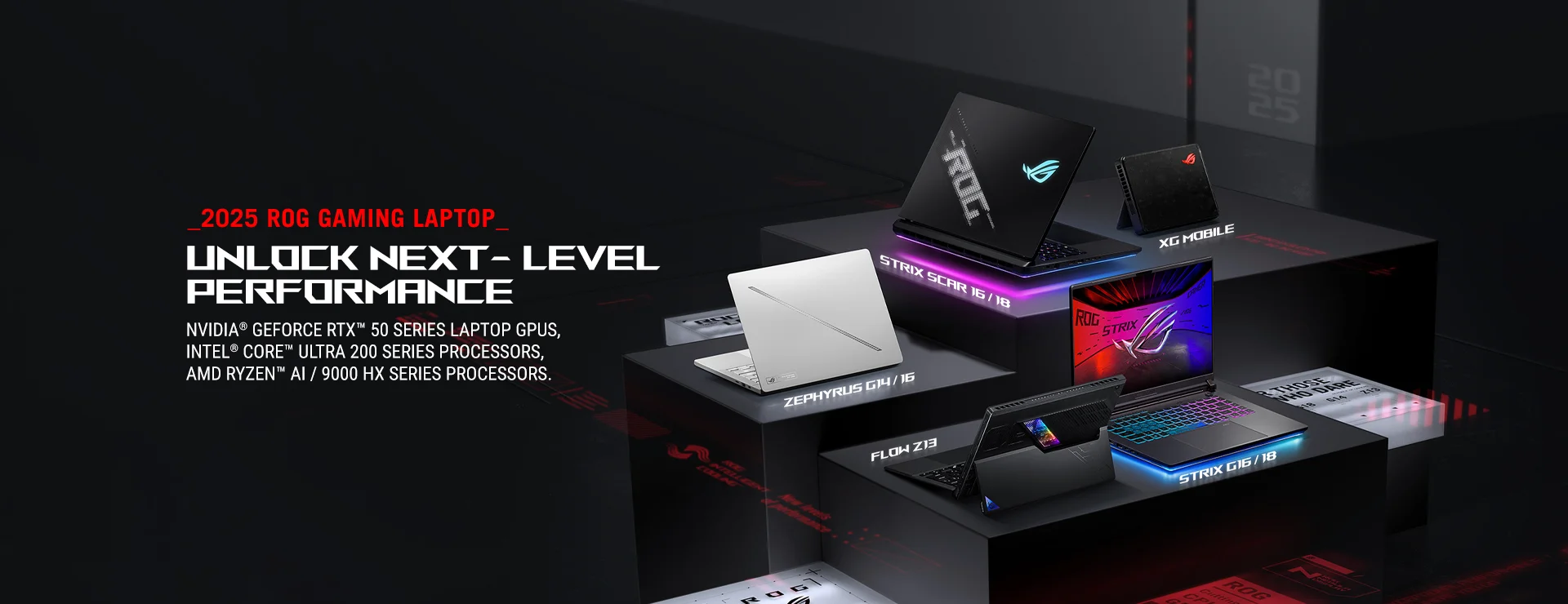 Line-up of ASUS AI-powered laptops including Zenbook, TUF, ROG Zephyrus, ProArt, and Vivobook, showing a range of designs for work, play, and creativity. On the top right-hand corner is the ASUS AI logo.