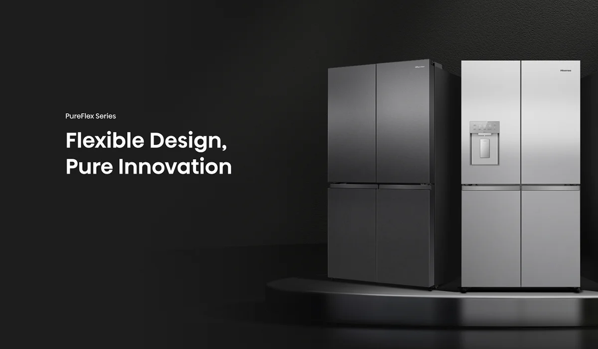 Hisense PureFlex Series refrigerators with flexible design and innovative features - sleek silver and dark grey models with water and ice dispensers, ideal for modern New Zealand kitchens.
