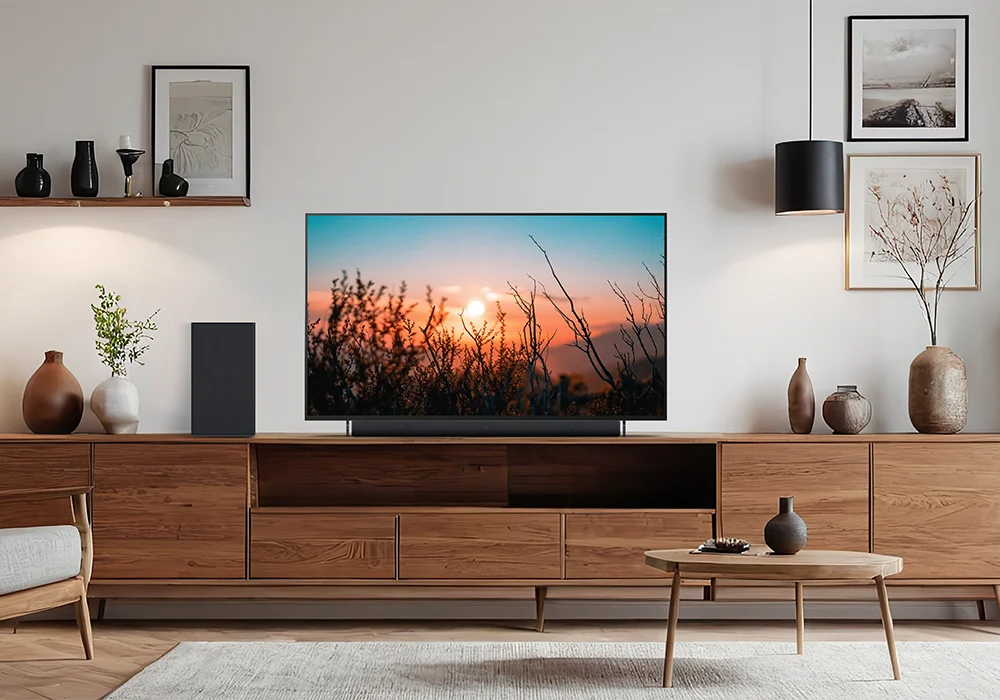An LG OLED TV in a modern living room, showing a vivid sunset scene with plants. The TV is surrounded by shelves, artwork, and soft ambient lighting.