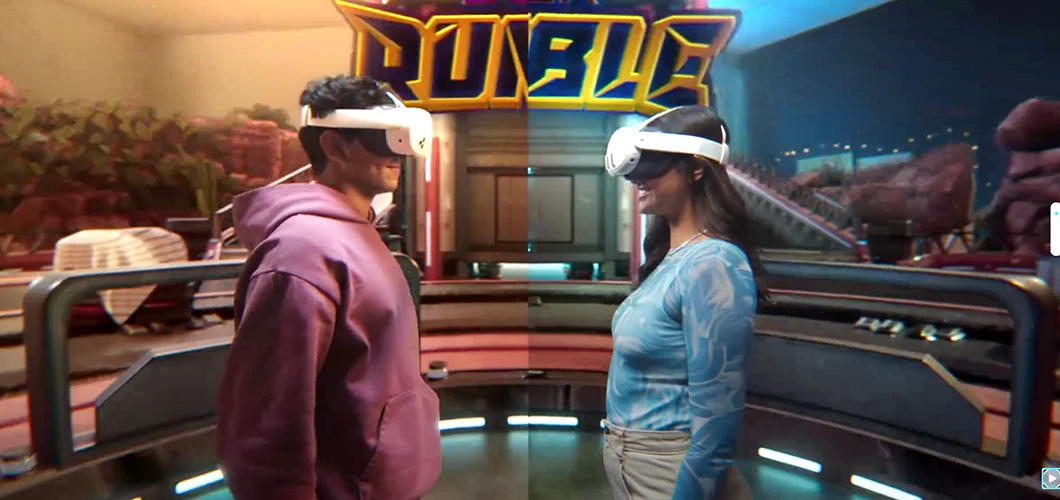 Man and woman facing each other in a battle royale style setting, both wearing Meta Quest 3 headsets
