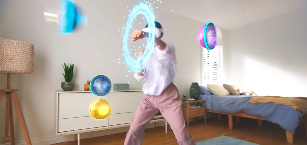 Woman in her bedroom punching through a ring of light, while wearing a Meta Quest 3 headset
