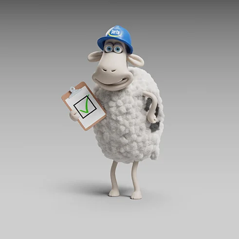 Person lying on their side on a cutaway Serta mattress showing multiple comfort layers, with a cartoon sheep resting below the bed in a cozy, blue-toned room.