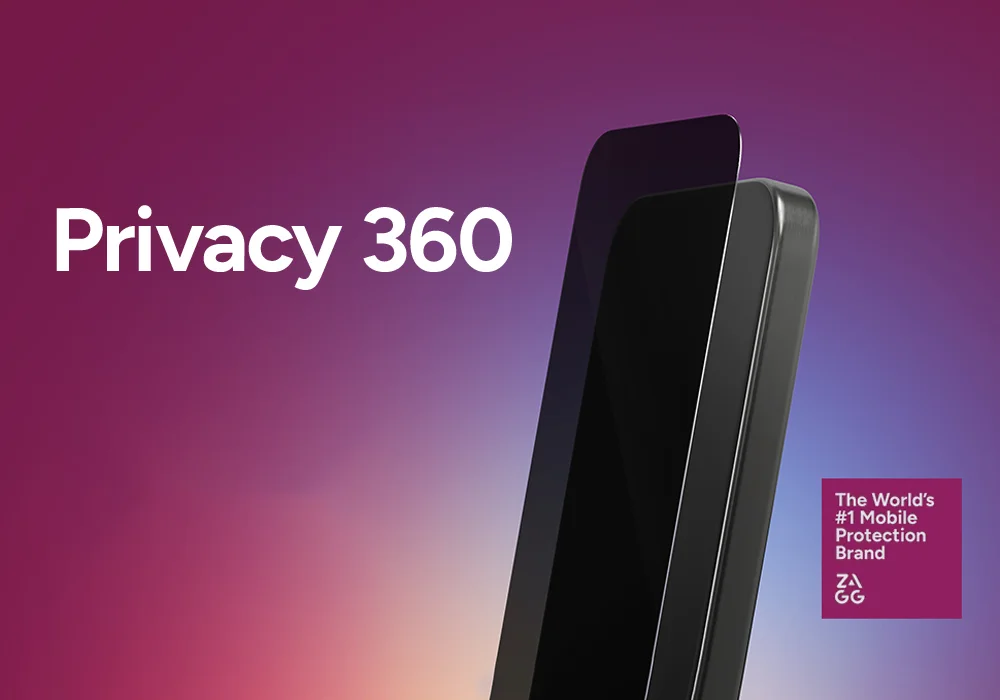 A smartphone with a screen protector on a gradient background from purple to orange. Text on the left reads 'Privacy 360.' On the right, a small maroon box with white text reads 'The World's #1 Mobile Protection Brand ZAGG.