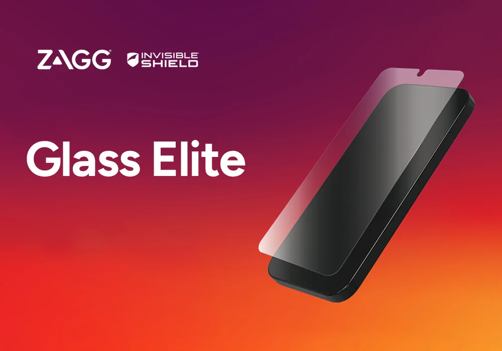 ZAGG InvisibleShield Glass Elite with a gradient background, featuring a smartphone illustration and the ZAGG logo.
