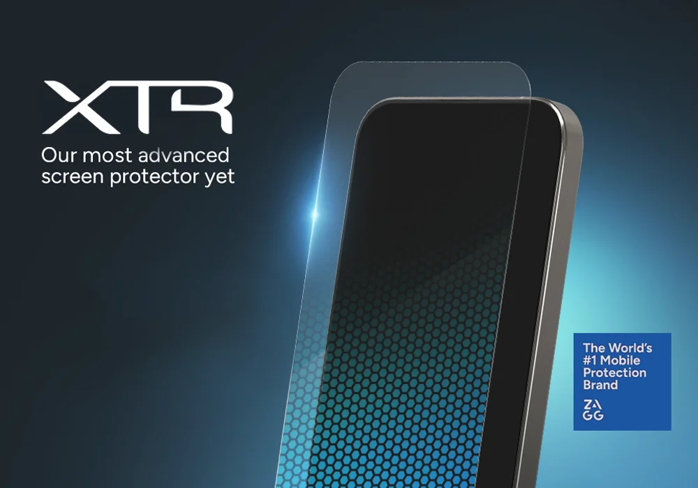 Screen protector for a mobile device. Top left text reads: 'XTR Our most advanced screen protector yet. Bottom right text read: The World's #1 Mobile Protection Brand ZAGG