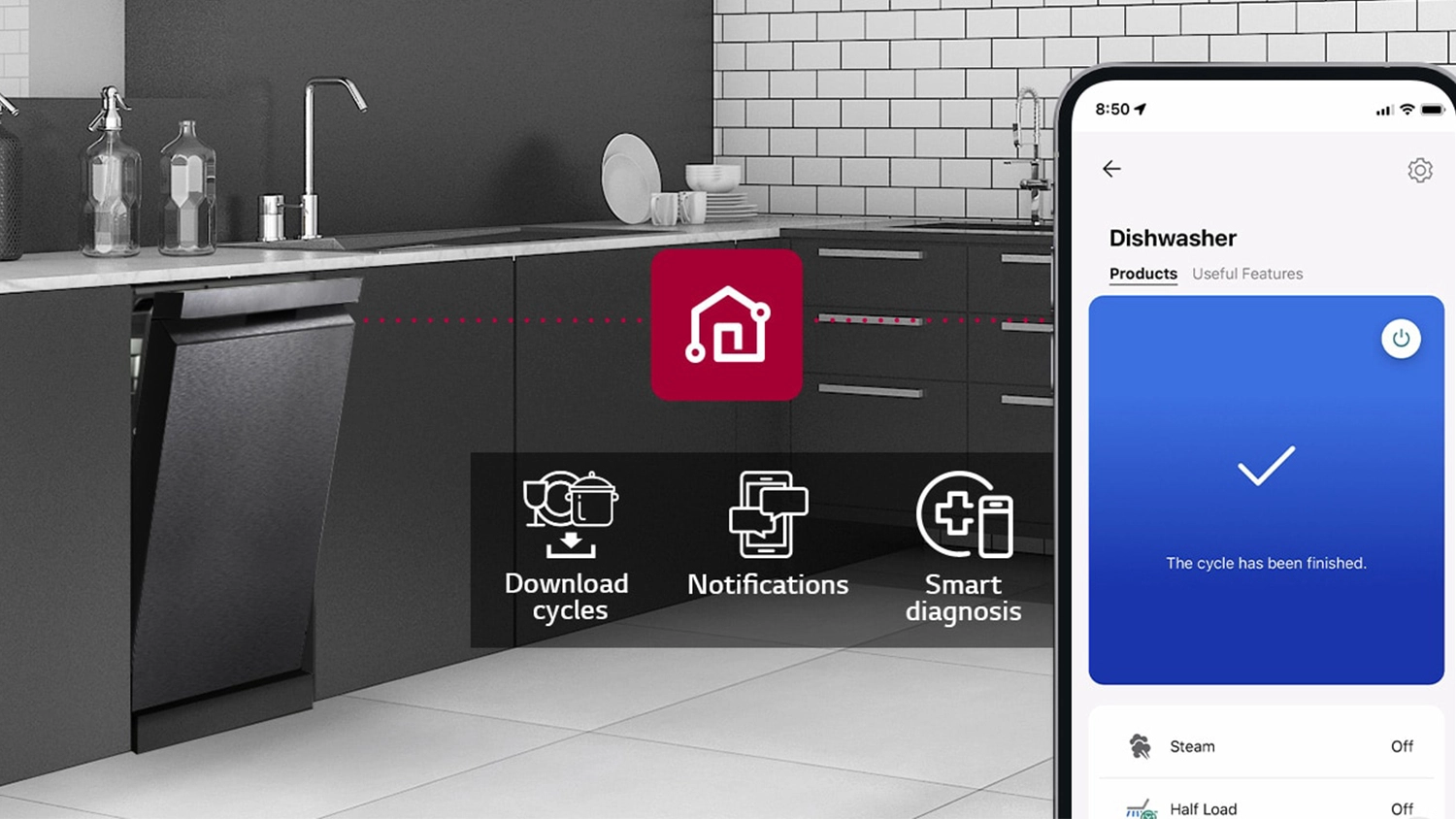 An LG smart dishwasher in a modern kitchen with dark cabinetry and white tiled backsplash, partially open under a marble countertop, shown alongside a smartphone displaying the LG ThinQ app with options for cycle status, steam, and half load, plus icons for downloading cycles, notifications, and smart diagnosis.