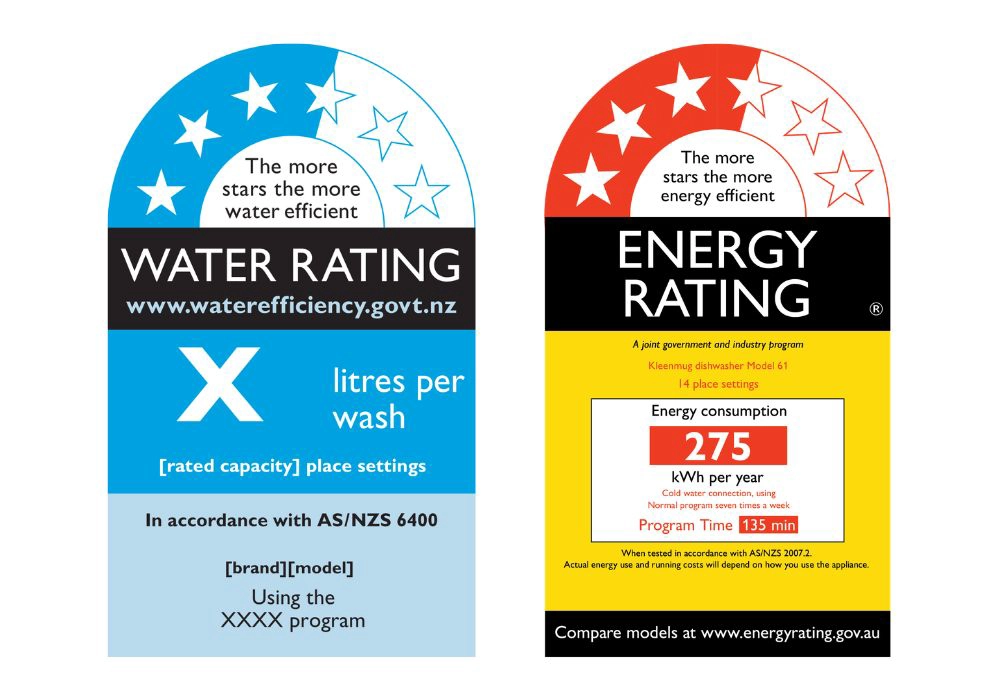 New Zealand and Australian appliance water and energy rating labels displayed side by side, showing the blue Water Rating label with star scale and litres per wash information, and the red and yellow Energy Rating label with star scale and annual energy consumption in kWh.
