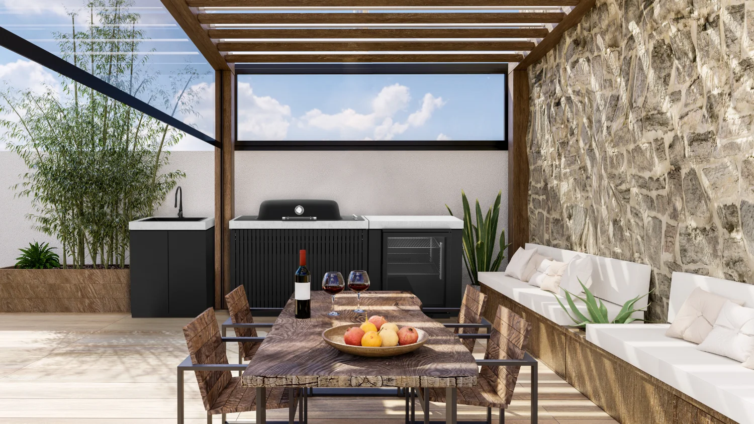 Modern outdoor patio with wooden pergola, rustic dining table, sleek black kitchen setup, and built-in bench seating with cushions, styled for entertaining