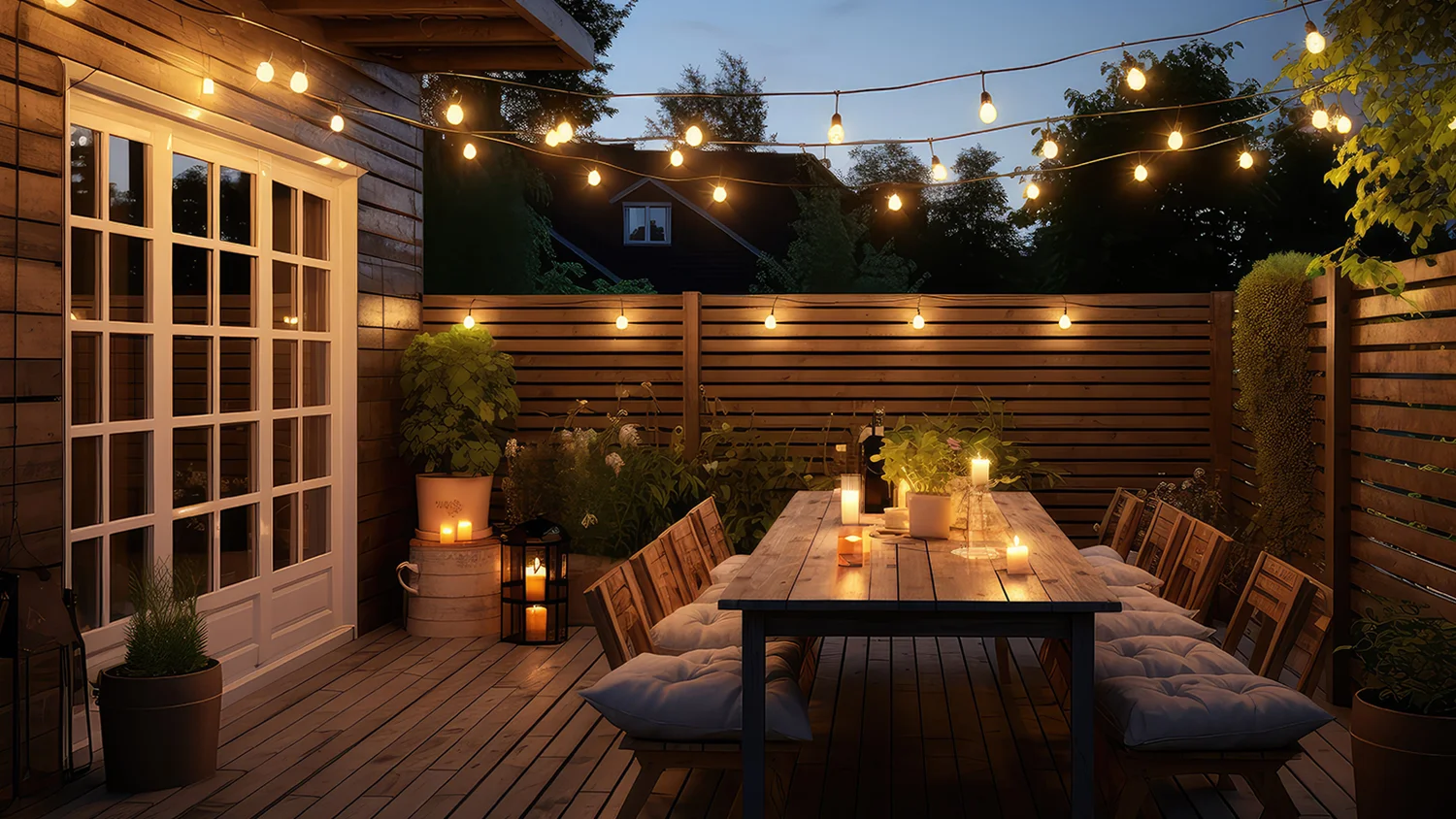 Evening deck scene with fairy lights above a wooden outdoor table and chairs with seat cushions, surrounded by pillar LED candles and potted plants for a cosy outdoor ambience