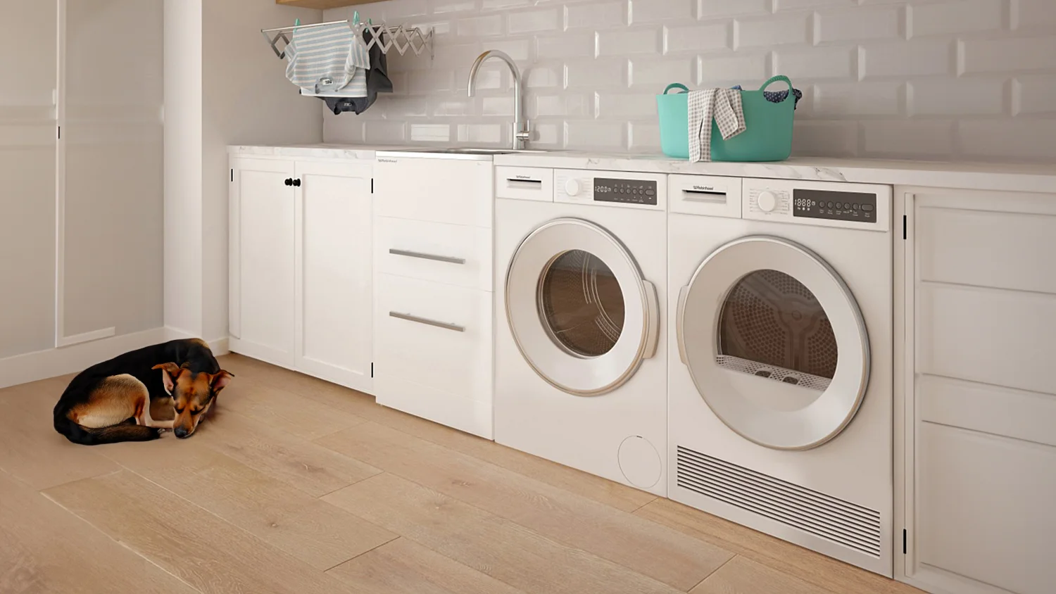 Laundry room featuring a Robinhood laundry tub integrated into the countertop between a washing machine and dryer. A dog lies on the wooden floor in front of the cabinets, while a drying rack with clothes hangs above. A turquoise basket with towels sits atop the washing machine.