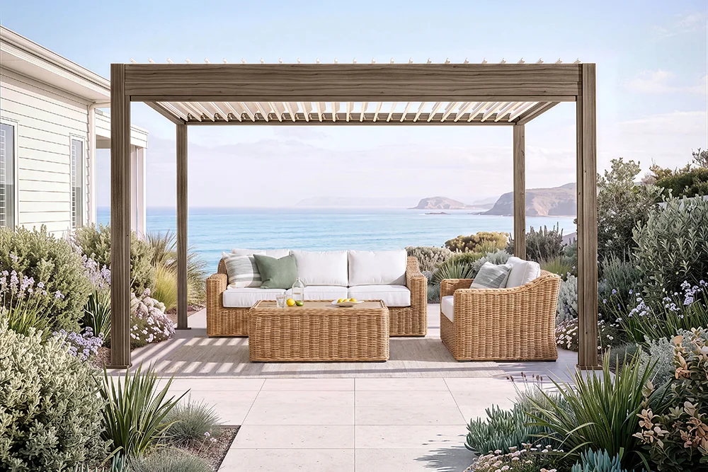 Freestanding charcoal gazebo with adjustable louvred roof above an outdoor dining setting in a modern garden.