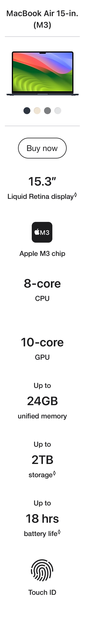 Image of compare section about the 15inch Apple Macbook Air with M3 chip