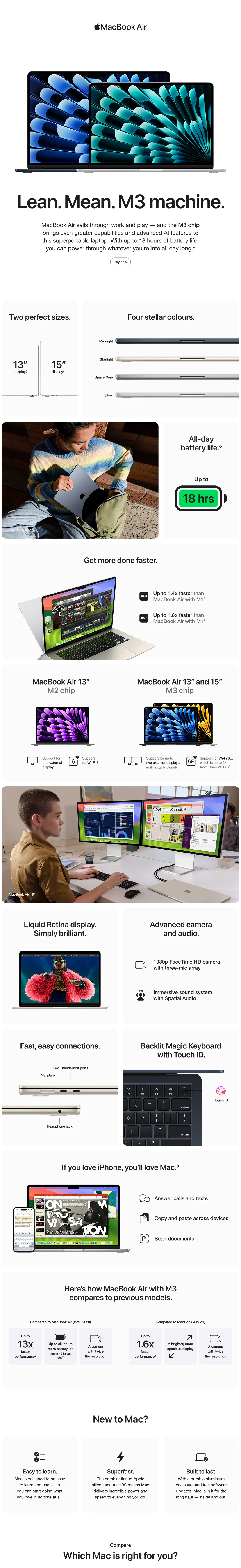 Web page with detailed description of the Apple Macbook Air with M3 chip