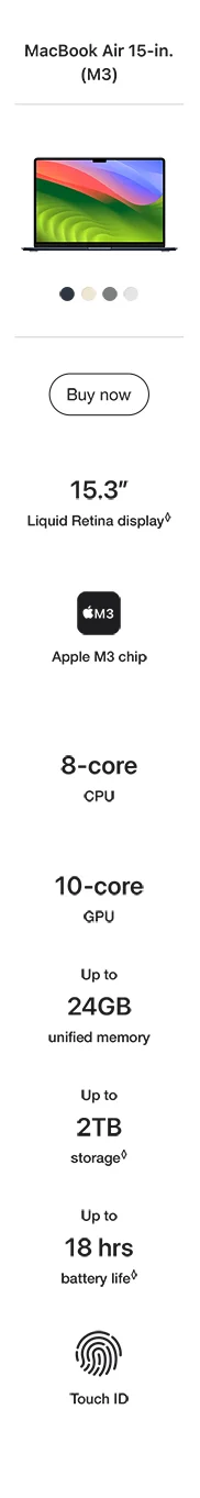 Image of compare section about the 15inch Apple Macbook Air with M3 chip