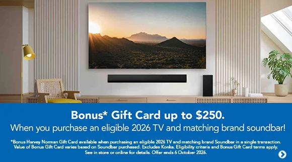Bonus Gift Card up to $250 when you purchase an eligible 2026 TV and matching brand Soundbar!