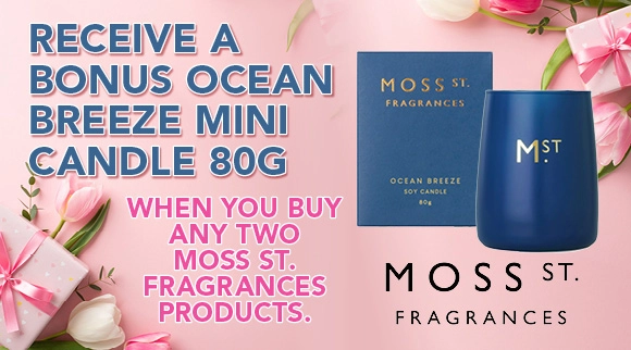 Receive a BONUS Ocean Breeze Mini Candle 80g when you buy any two Moss St. Fragrances products!