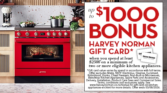 Get up to $1000 Bonus Harvey Norman Gift Card when you spend at least $2500 on a minimum of two or more eligible kitchen appliances!