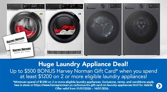 Get up to $500 Bonus Harvey Norman Gift Card when you spend at least $1200 on two or more eligible laundry appliances!