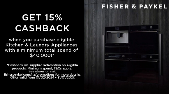 Fisher & Paykel get 15% Cashback when you purchase an eligible Kitchen & Laundry Appliances with a minimum total spend of $40,000 via redemption!
