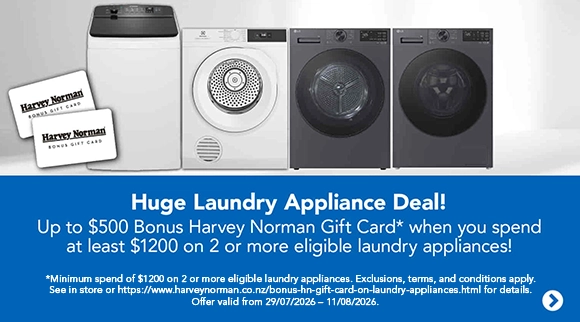 Get up to $500 Bonus Harvey Norman Gift Card when you spend at least $1200 on two or more eligible laundry appliances!