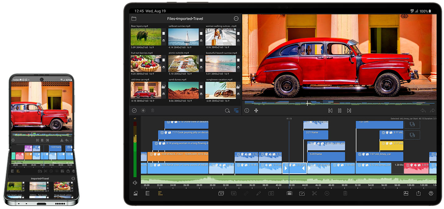 Image showing a Galaxy Z Flip5 and Tab S9 connected, with a video editing project in progress