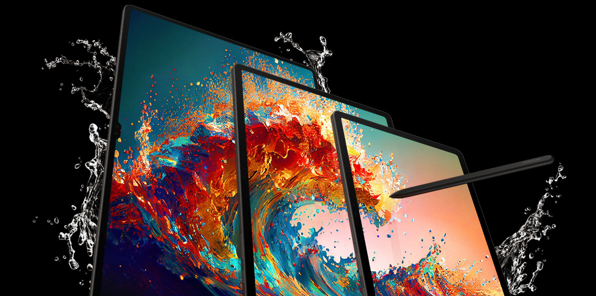Image showing Tab S9 series with S Pen being splashed by water