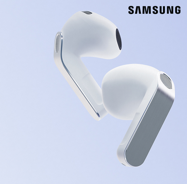 A pair of white Galaxy Buds4 hover with the left earbud slightly lower than the right.