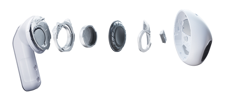 A single Galaxy Buds4 earbud in an exploded view, showing the audio system within.