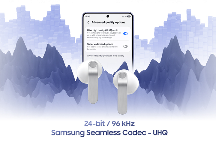 Galaxy smartphone with the 'Advanced quality options' screen open. On the screen, 'Ultra high quality (UHQ) audio' is turned on and the 'Super wide band speech' is turned off. In front of the screen is a pair of white, Galaxy Buds4.