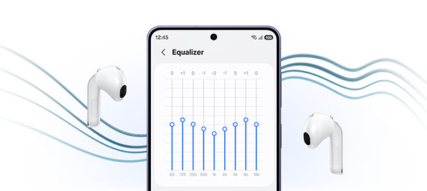 Galaxy Buds4 a pair of white on each side of Galaxy smartphone in the middle.