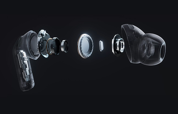 A single Galaxy Buds4 Pro earbud in an exploded view, showing the audio system within, including the wider woofer and the tweeter of the 2-way Speaker.