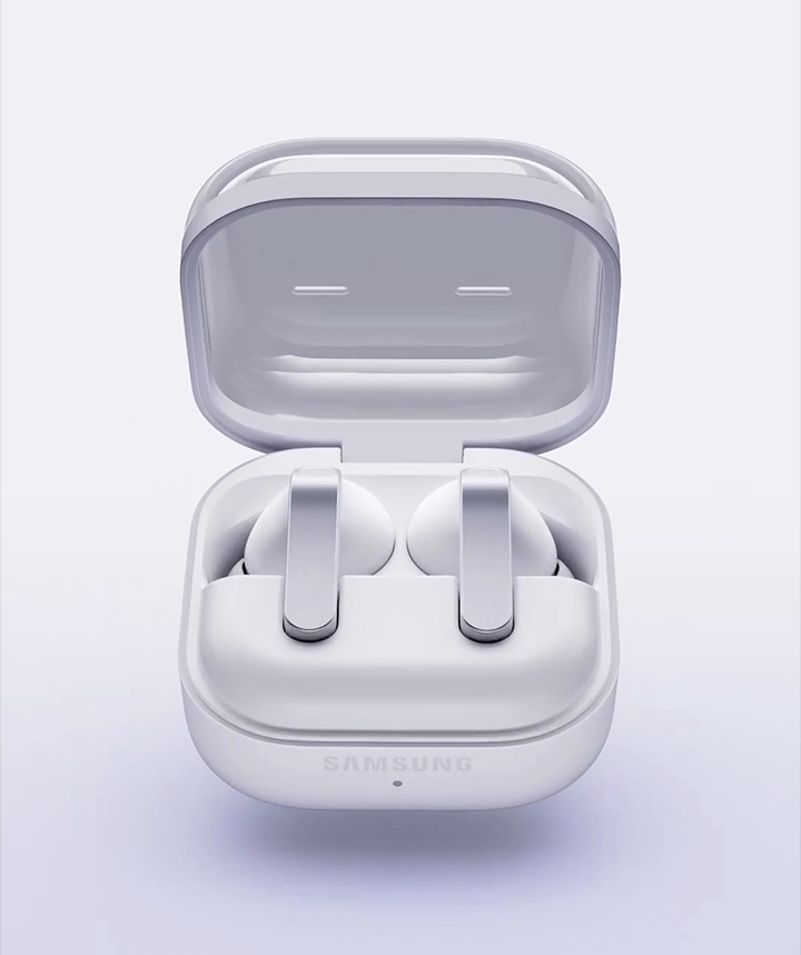 'Galaxy Buds4 Pro Charging Case open with earbuds placed inside.