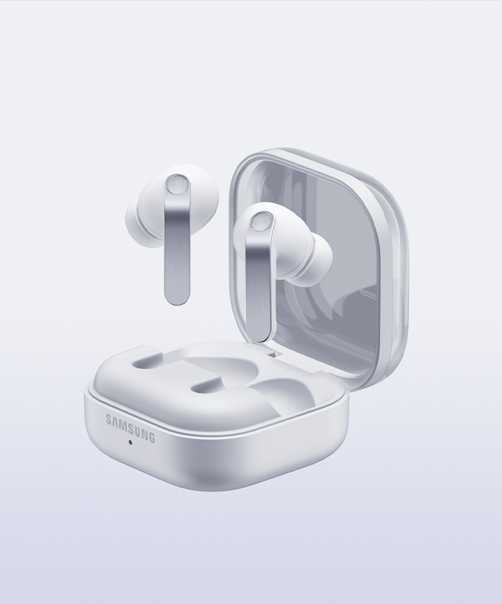 White Galaxy Buds4 Pro Charging Case open with the earbuds above.