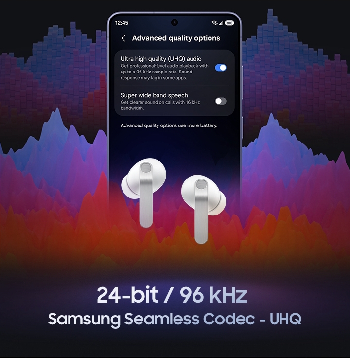 Galaxy smartphone with the 'Advanced quality options' screen open. On the screen, 'Ultra high quality (UHQ) audio' is turned on and the 'Super wide band speech' is turned off. In front of the screen is a pair of white, Galaxy Buds4 Pro.