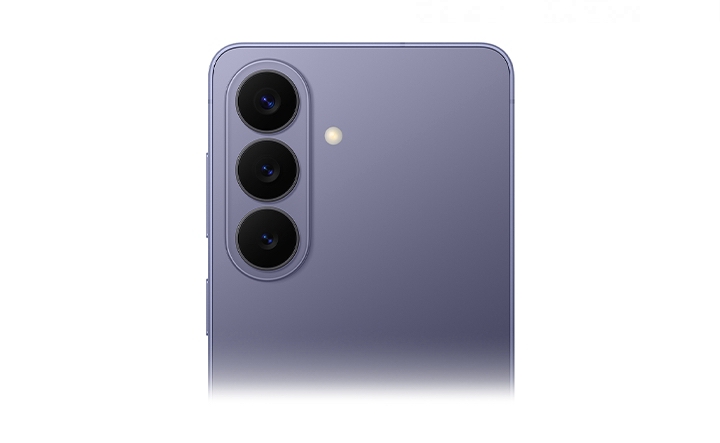 Close up of Galaxy S26 in Cobalt Violet from the back highlighting the new camera design.