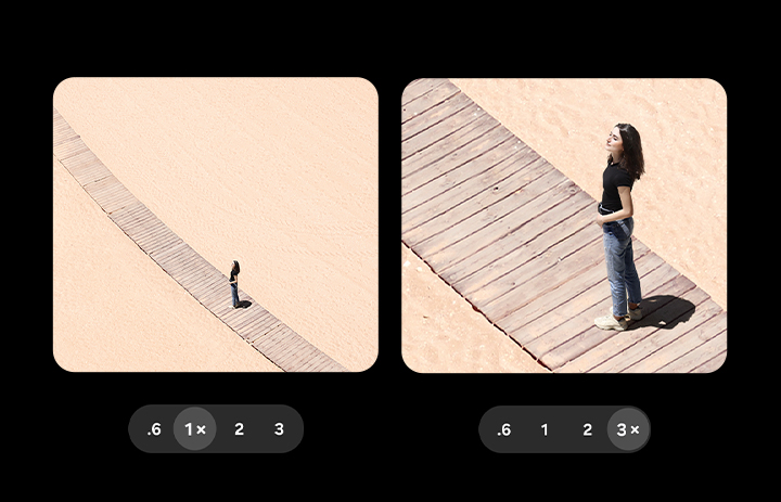 A scenic photo has been taken in 1 times zoom. Another has been taken in 3 times zoom. Even when zoomed in, details remain clear and vivid.