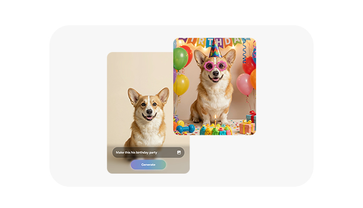 A photo of a dog is seen. In Photo Assist, the user can describe what to change by inputting a text prompt. After typing 'Make this his birthday party'. Galaxy AI has transformed the photo by adding various birthday themed accessories on and around the dog.