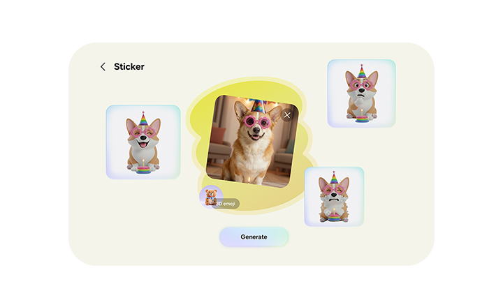 A photo of a dog wearing sunglasses has been used to create a sticker pack of various emotions in Creative Studio.
