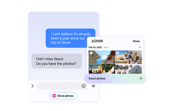 During a text conversation, someone asks for photos from a trip to Seoul. Now Nudge has intelligently prompted the user with a Share photos button. A search bar with the keywords Seoul photos is seen with a Gallery pop up showing the relevant photos. The user can then view and select photos.