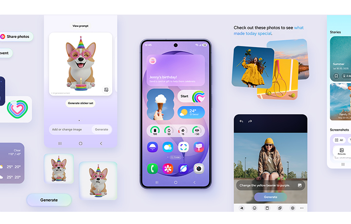 Galaxy S26 is seen from the main screen. Various active features that are more personalized to the user's needs and habits, flank the device. These include Creative Studio, Photo Assist and more.