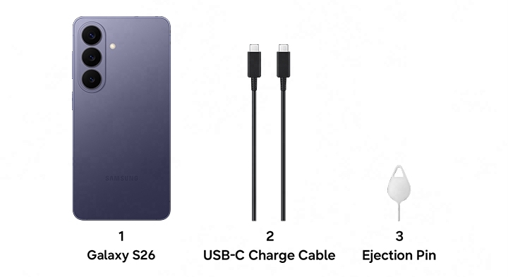 1. Galaxy S26, 2. USB-C Charge Cable, 3. Ejection Pin.