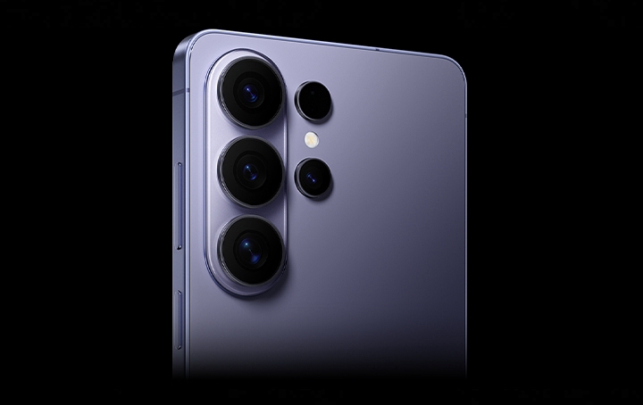 Close up of Galaxy S26 Ultra in Cobalt Violet from the back highlighting the new camera design.