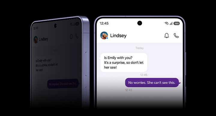 Two Galaxy S26 Ultra phones are seen from the screen, both with Privacy Display active. On one, the device is at a slight angle and the contents are not visible. On the other, device is seen straight on and the contents are clearly visible, showing a text message conversation.