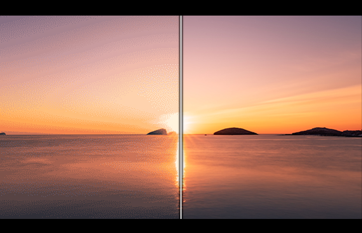 A before and after comparison depicts ProScaler effects. Colour is also more enhanced with improved mDNIe technology.