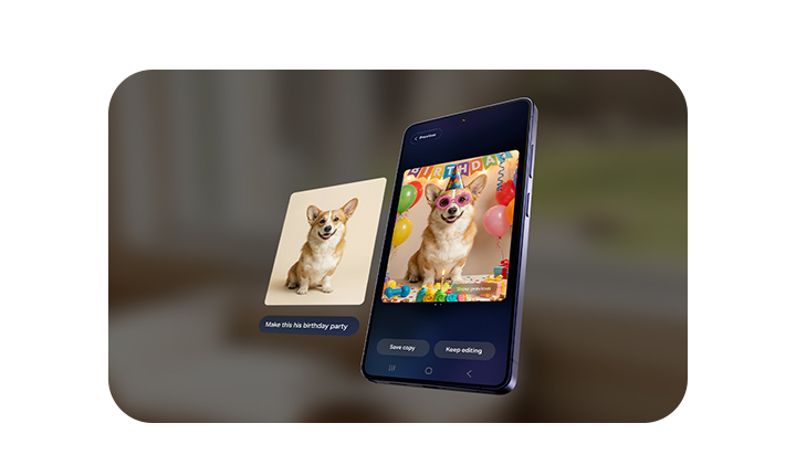 A photo of a dog is seen. In Photo Assist, the user can describe what to change by inputting a text prompt. After typing 'Make this his birthday party'. Galaxy AI has transformed the photo by adding various birthday themed accessories on and around the dog.