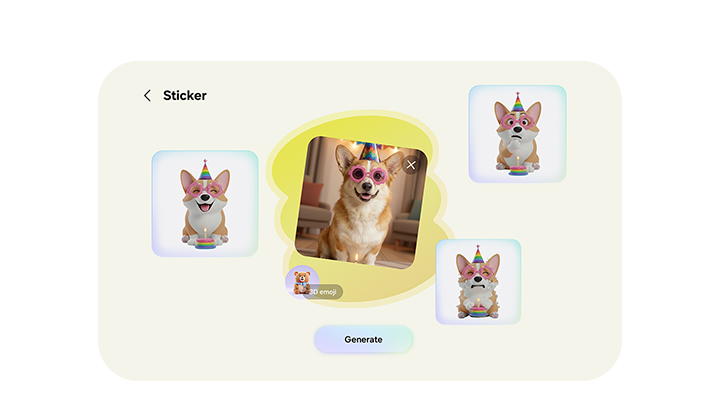 A photo of a dog wearing sunglasses has been used to create a sticker pack of various emotions in Creative Studio.