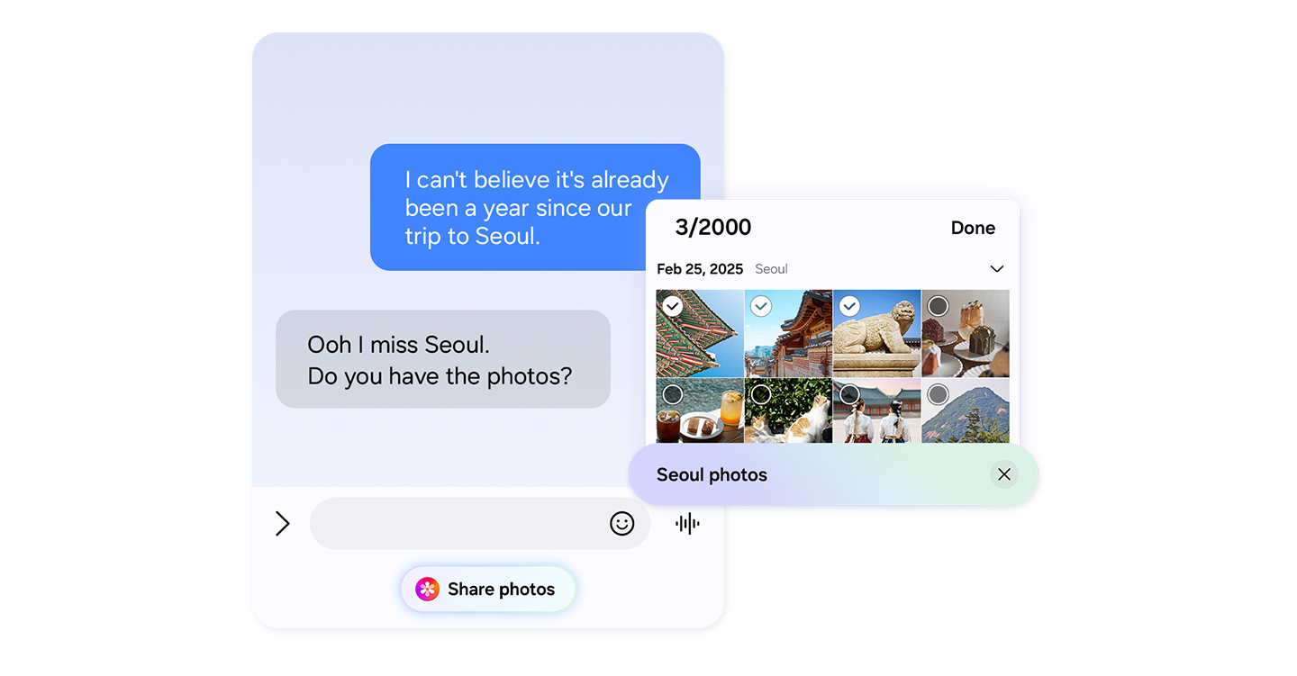 During a text conversation, someone asks for photos from a trip to Seoul. Now Nudge has intelligently prompted the user with a Share photos button. A search bar with the keywords Seoul photos is seen with a Gallery pop up showing the relevant photos. The user can then view and select photos.