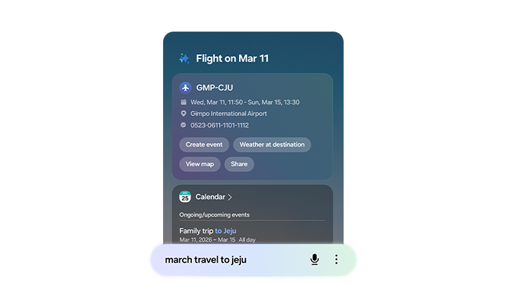 March travel to Jeju has been typed into Finder's search bar. Flight details are then seen in a card that is easy to read with prompts such as create event, weather at destination, view map and share. Further information about the trip saved across different apps can also be seen including Calendar.