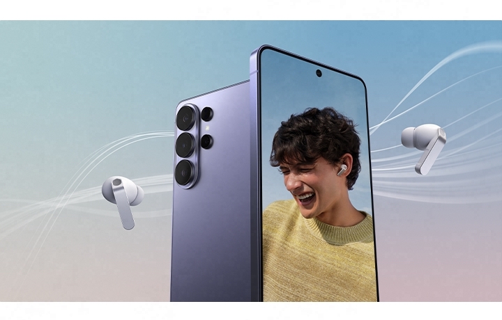 A pair of Galaxy Buds4 Pro in White surrounds two Galaxy S26 Ultra devices. One of the smartphones has the back facing forward. The other Galaxy S26 Ultra displays a person wearing Galaxy Buds4 Pro in White.