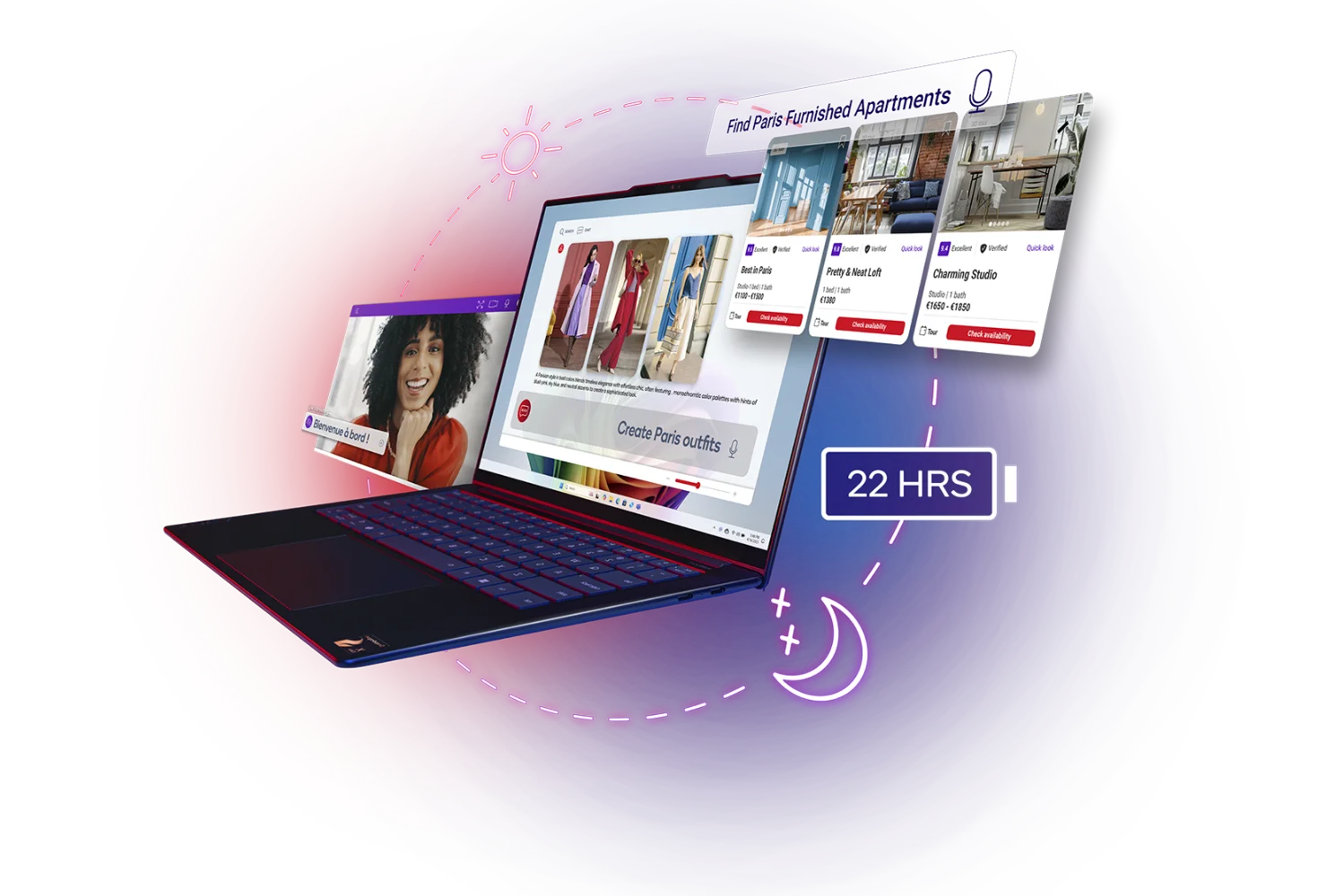 A laptop with various applications hovering around it, showing 22hrs of battery life.